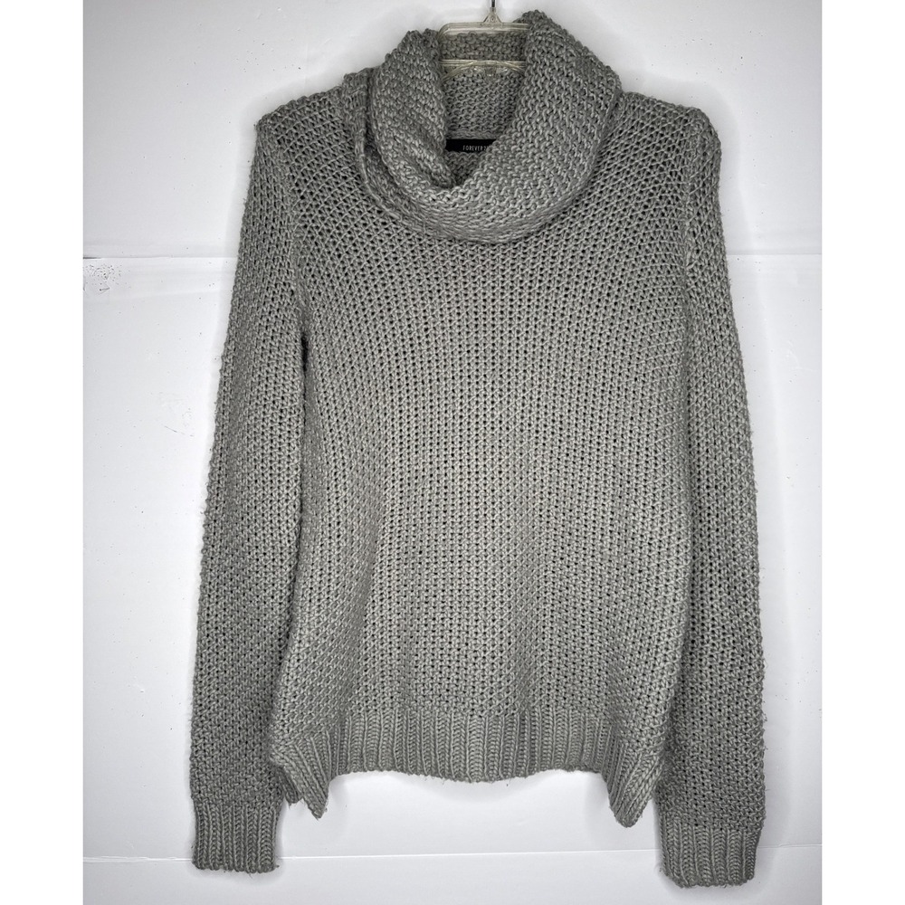 Forever 21 Gray Chunky Open-Knit Cowl Neck Sweater Women SzS Pullover Minimalist